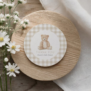 Neutral Gingham Teddy Bear Baby Shower Classic Round Sticker