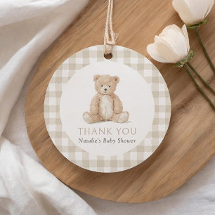 Neutral Gingham Teddy Bear Baby Shower Favor Tags