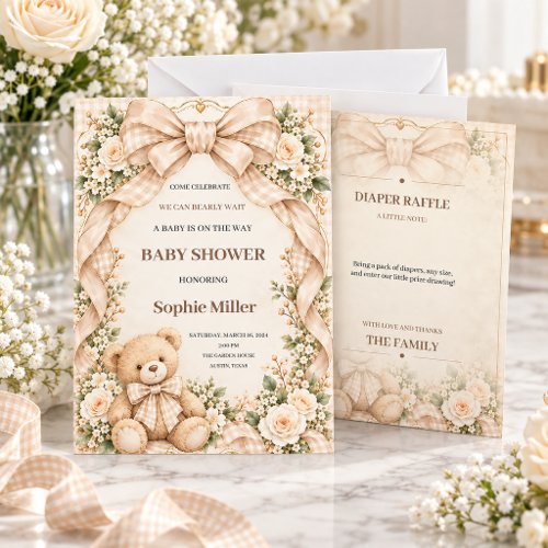 Neutral Gingham Teddy Bear Baby Shower Invitation