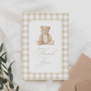 Neutral Gingham Teddy Bear Baby Shower Letterpress Thank You Card