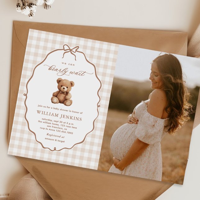 Neutral Gingham Teddy Bear Baby Shower Photo Invitation (Creator Uploaded)