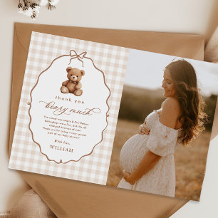 Neutral Gingham Teddy Bear Baby Shower Photo Thank You Card
