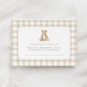 Neutral Gingham Teddy Bear Diaper Raffle Ticket Enclosure Card