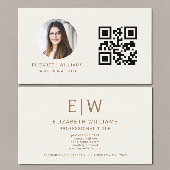 Neutral Gold QR Code Photo Monogram Business Card