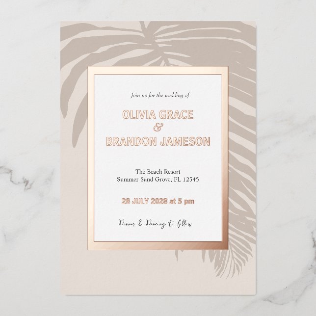 Neutral Gold Tropical Palm Leaf Wedding  Foil Invitation (Front)