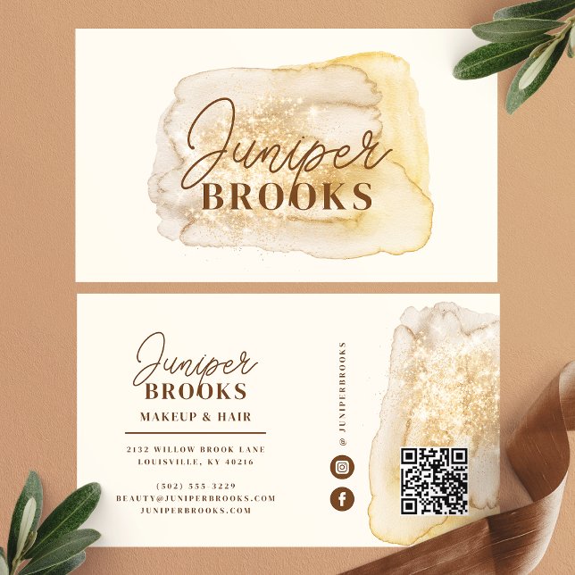 Neutral Gold Watercolor Glitter Social Media QR Business Card (Creator Uploaded)