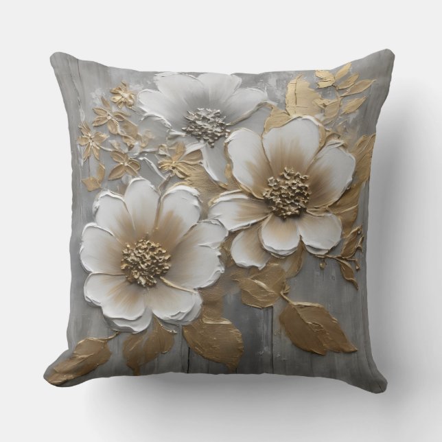 Neutral Gray and Gold Farmhouse Floral Throw Pillow (Front)