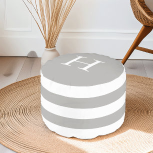 Neutral Gray and White Stripe Monogram Pouf