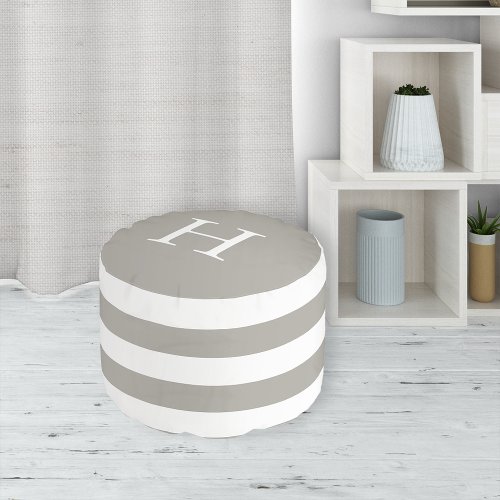 Neutral Gray and White Stripe Monogram Pouf