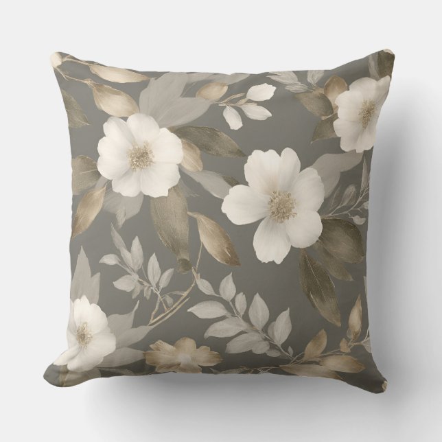 Neutral Gray Beige Cream Modern Farmhouse Floral Throw Pillow (Front)