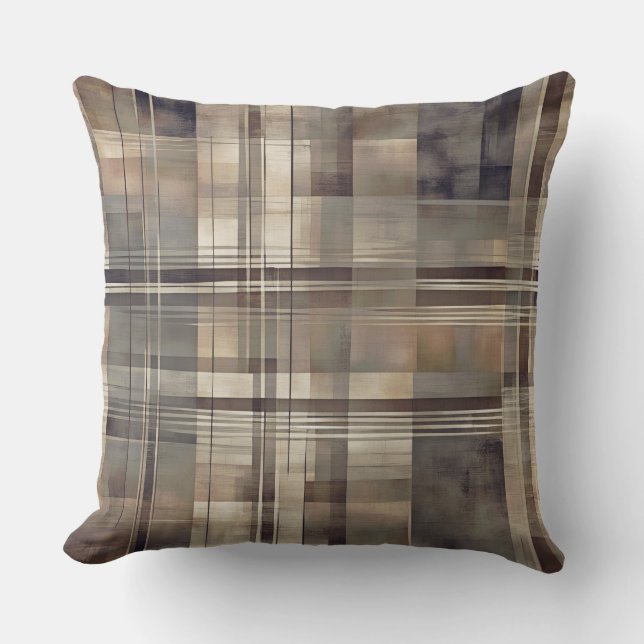 Neutral Gray Beige Farmhouse Plaid Throw Pillow (Front)