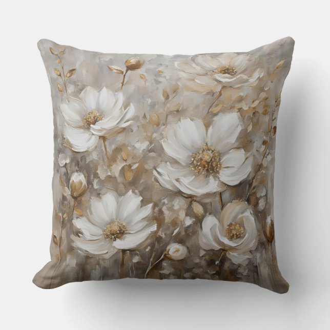 Neutral Gray Beige Taupe Watercolor Floral Throw Pillow (Front)