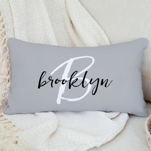 Neutral Gray Black White Script Monogram Lumbar Pillow