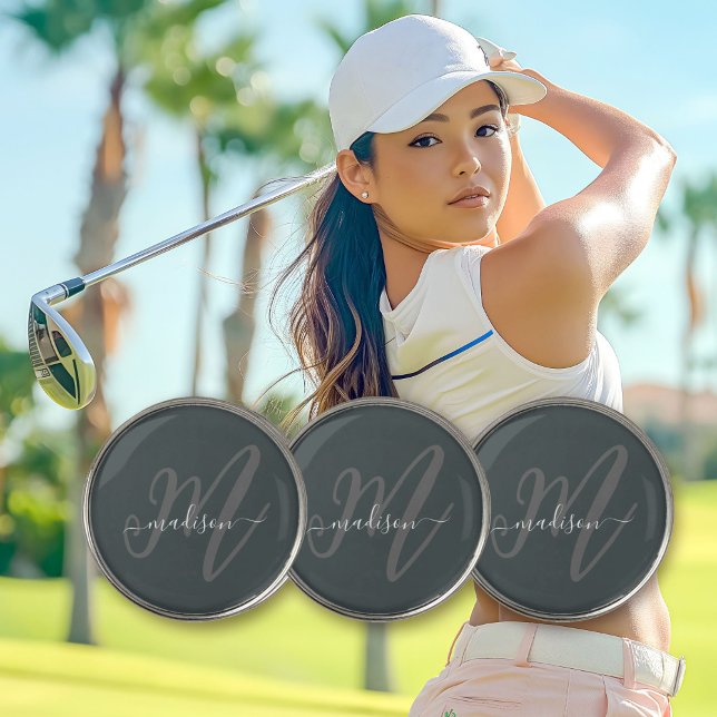 Neutral Gray Boho Script Monogram and Name Golf Ball Marker (Personalize with your name and monogram initial.)