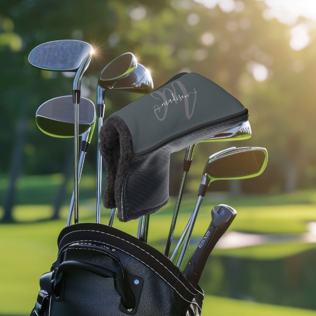 Neutral Gray Bold Script Monogram and Name Golf Head Cover (Creator Uploaded)
