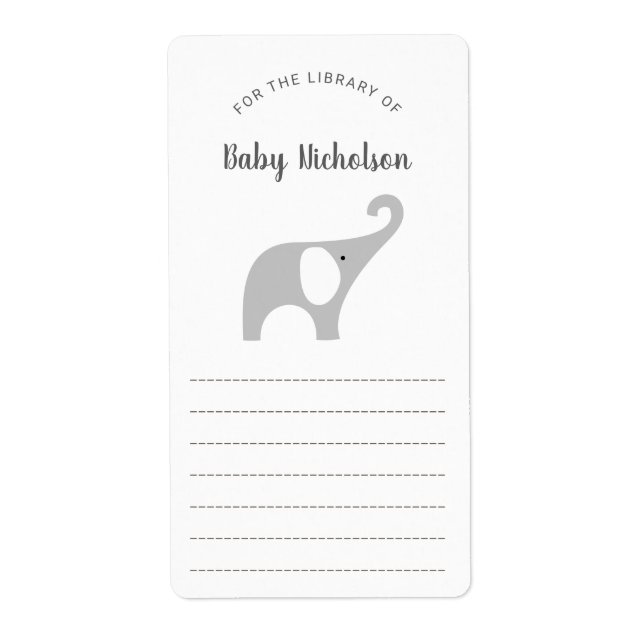Neutral Gray Elephant baby shower bookplates (Front)