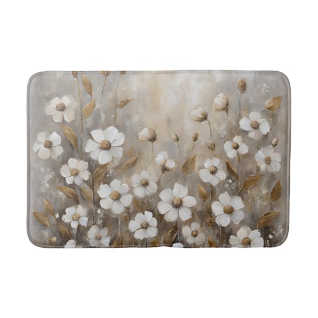 Neutral Gray Gold Taupe Floral Bath Mat (Front)