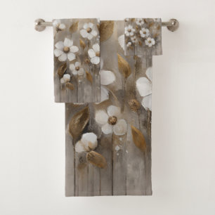 Neutral Gray Gold Taupe Floral Bath Towel Set