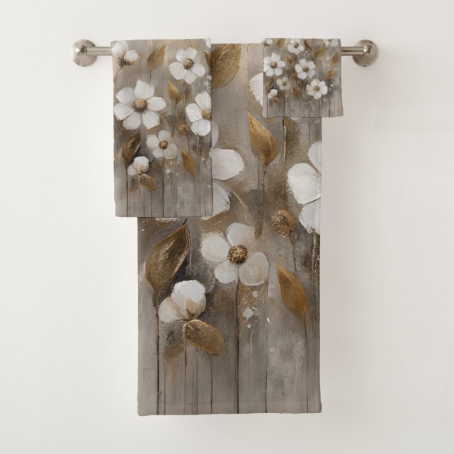 Neutral Gray Gold Taupe Floral Bath Towel Set (Insitu)