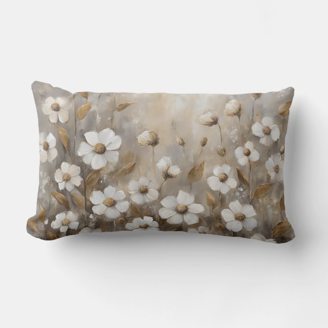 Neutral Gray Gold Taupe Floral Lumbar Pillow (Front)