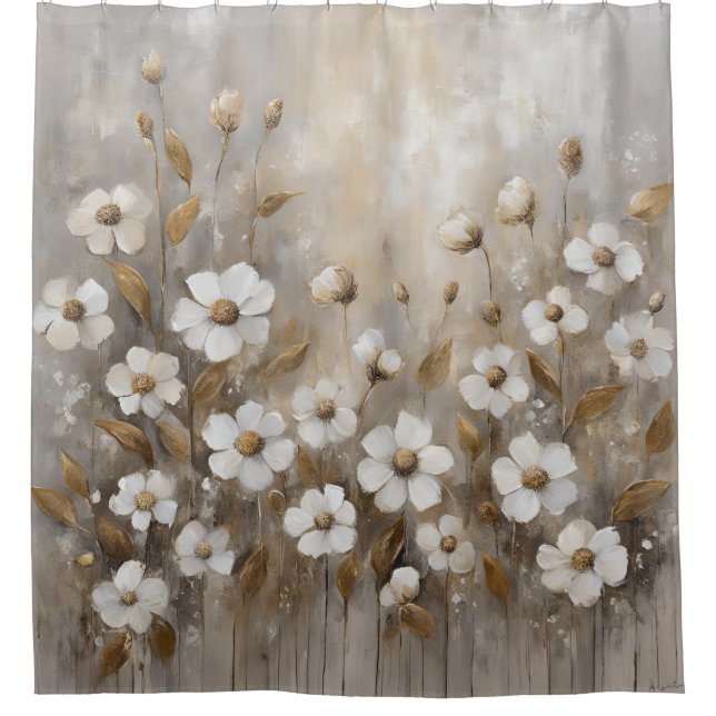 Neutral Gray Gold Taupe Floral Shower Curtain (Front)
