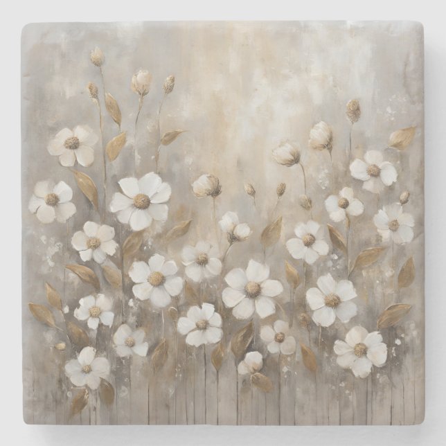 Neutral Gray Gold Taupe Floral Stone Coaster (Front)