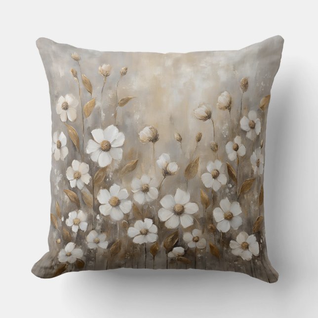 Neutral Gray Gold Taupe Floral Throw Pillow (Front)