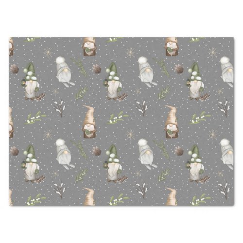 Neutral Gray Snowy Forest Christmas Gnomes Pattern Tissue Paper