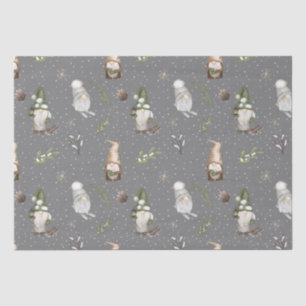 Neutral Gray Snowy Forest Christmas Gnomes Pattern Tissue Paper