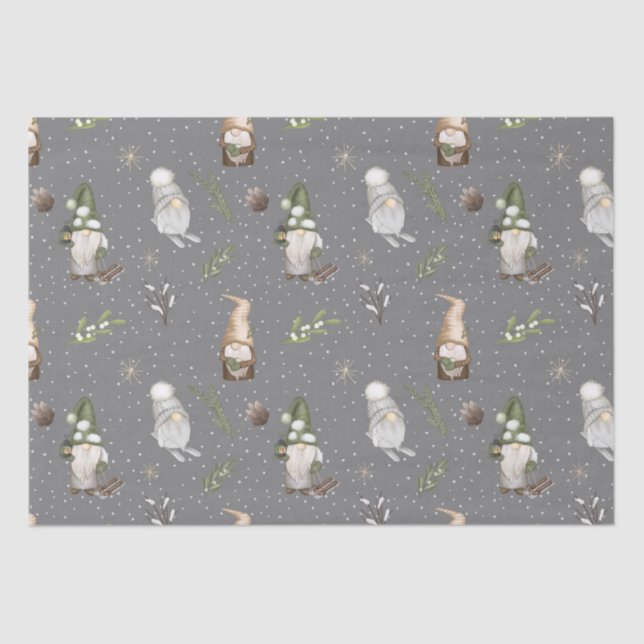 Neutral Gray Snowy Forest Christmas Gnomes Pattern Tissue Paper (Front)