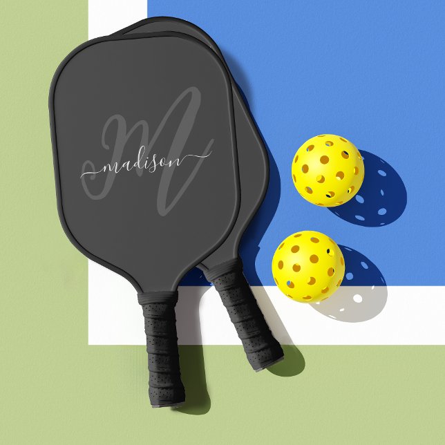 Neutral Gray Stylish Script Monogram and Name Pickleball Paddle (Personalize with your name and monogram.)