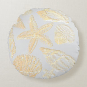 Neutral Gray Tan Beige Seashell Shells Beach House Round Pillow