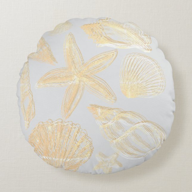 Neutral Gray Tan Beige Seashell Shells Beach House Round Pillow (Front)