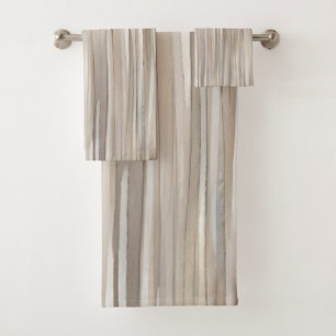 Neutral Gray Taupe White Brown Farmhouse Stripes Bath Towel Set