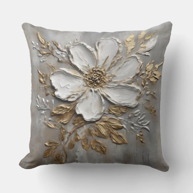 Neutral Gray White Gold Farmhouse Floral Throw Pillow (Front)