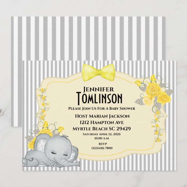 Neutral  Gray Yellow Floral Baby Shower Invitation (Front/Back)
