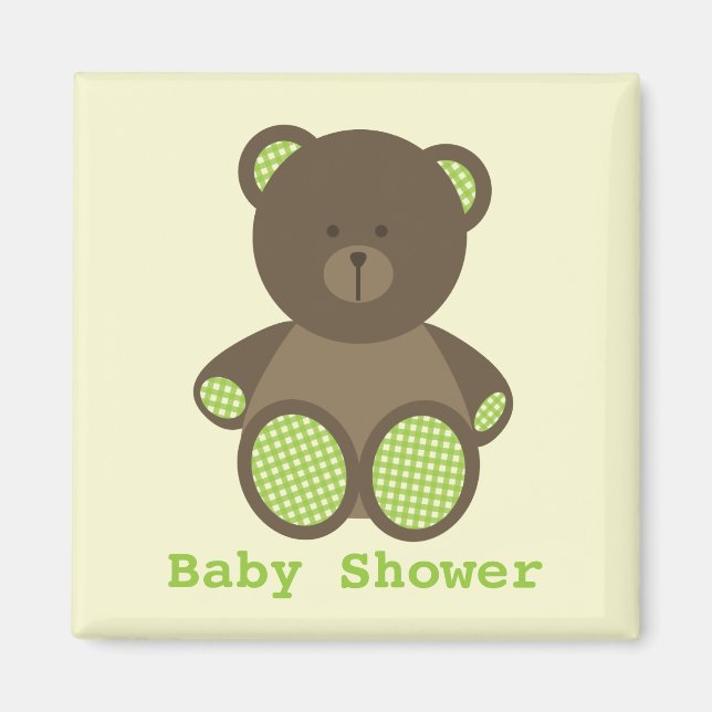 Neutral Green Baby Shower Favor Gingham Bear Magnet (Front)
