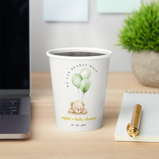 Neutral Green Bearly Wait Balloon Baby Shower Paper Cups (Insitu)