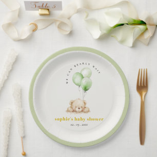 Neutral Green Bearly Wait Balloon Baby Shower Paper Plates