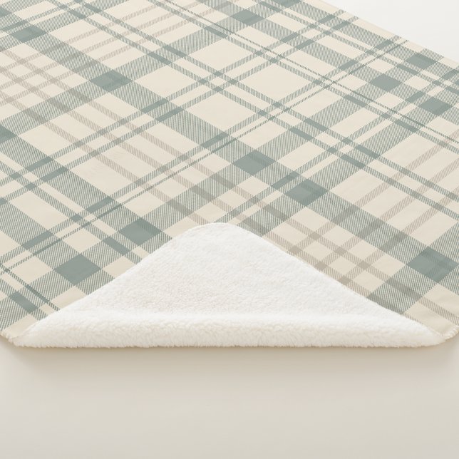 Neutral Green Beige Plaid Sherpa Blanket (3/4)