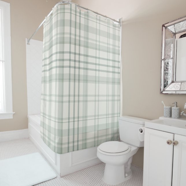 Neutral Green Beige Plaid Shower Curtain (In Situ)