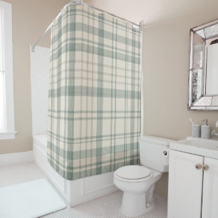 Neutral Green Beige Plaid Shower Curtain