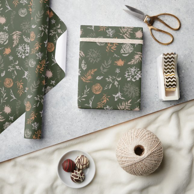 Neutral Green Colored Floral Print Pattern Wrapping Paper (Crafts)