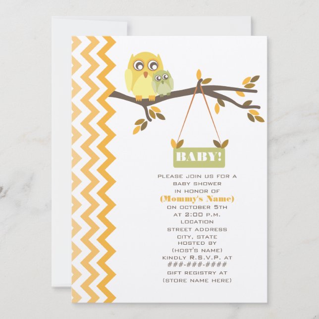 Neutral Green Fall Baby Shower Mommy & Baby Owls Invitation (Front)