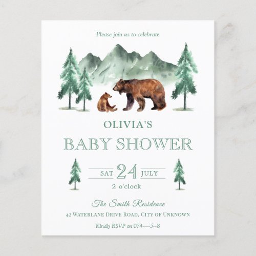 Neutral Green Forest Bear Baby Shower Invitation