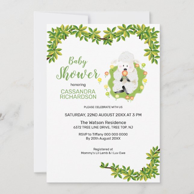 Neutral Green Lamb Baby Shower Invitation (Front)