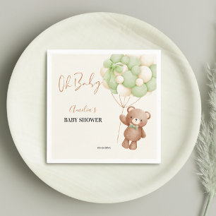 Neutral Green Teddy Bear Oh Baby Balloon Baby Napkins