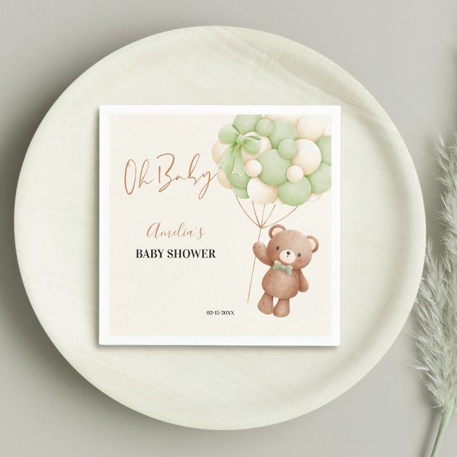 Neutral Green Teddy Bear Oh Baby Balloon Baby Napkins (Creator Uploaded)
