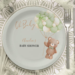 Neutral Green Teddy Bear Oh Baby Balloon Baby Paper Plates