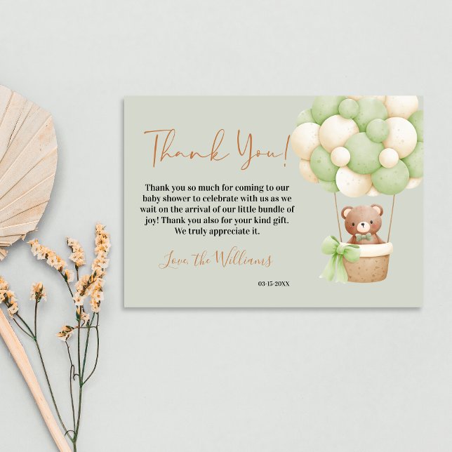 Neutral Green Teddy Bear Oh Baby Balloon Baby Thank You Card (Creator Uploaded)